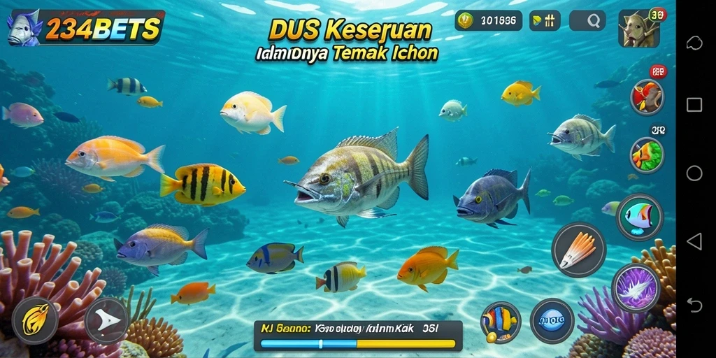 Screenshot menunjukkan aksi menembak ikan di bawah laut yang mendebarkan.