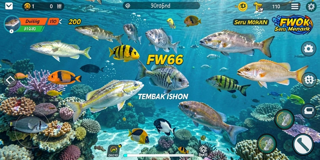 Screenshot gameplay FW66 dengan aksi menembak ikan yang seru.