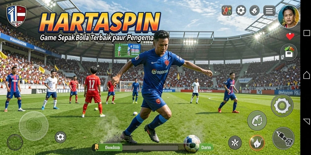 Screenshot HARTASPIN menunjukkan aksi seru di lapangan sepak bola.