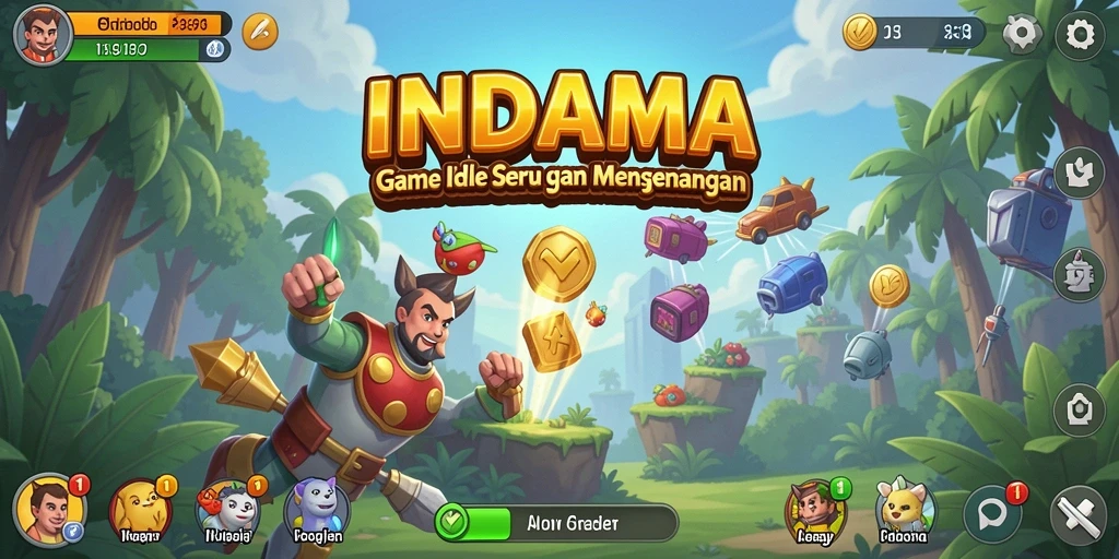 Screenshot gameplay INDAAA menampilkan karakter yang aktif dan menghasilkan sumber daya.
