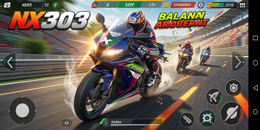 Screenshot NX303 yang menunjukkan akselerasi motor balap yang menegangkan.